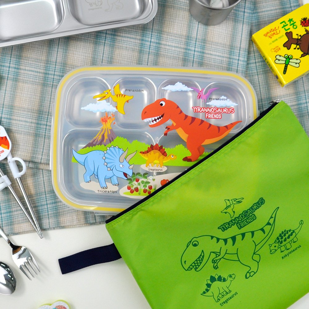 키친유 국산 공룡 티라노 스텐304 식판도시락 가방 세트 6구 유아 어린이집 뚜껑 식판 상세 이미지 1
