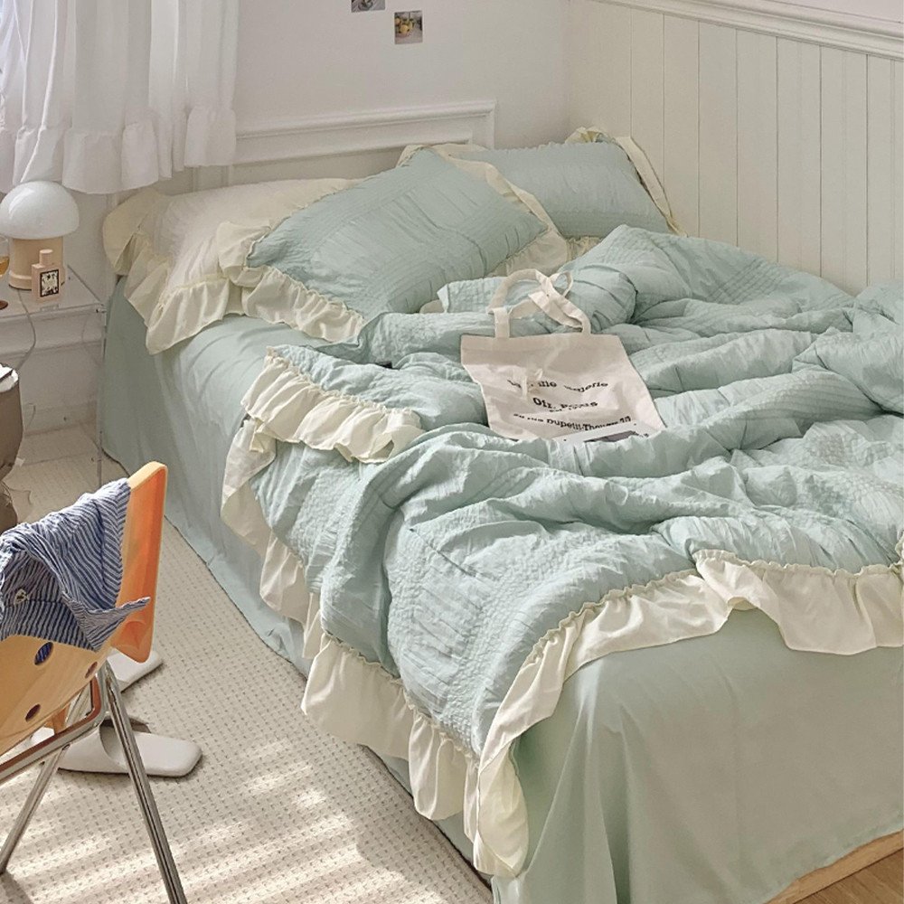 여름 차렵 프릴 이불 세트 민트 슈퍼 싱글 상세 이미지 1